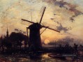 Boatman von einer Windmühle bei Sonnenuntergang Impressionismus Johan Barthold Jongkind Landschaft Strom